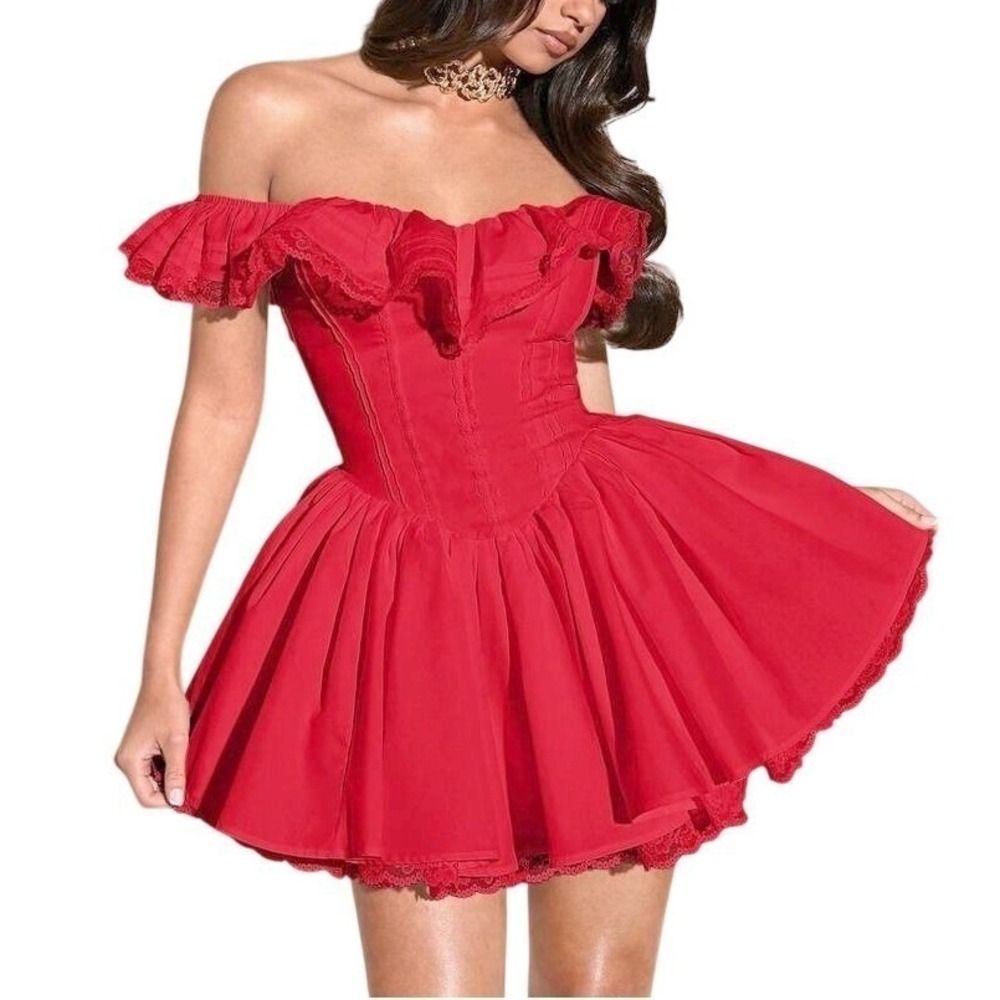 Womens Petite S Dark Coquette Red Off-The-Shoulder Ruffle Mini Skater Dress